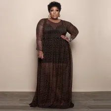 Plus Size Mesh Printed Long Sleeve Maxi Dress NNWF-7333