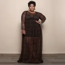 Plus Size Mesh Printed Long Sleeve Maxi Dress NNWF-7333