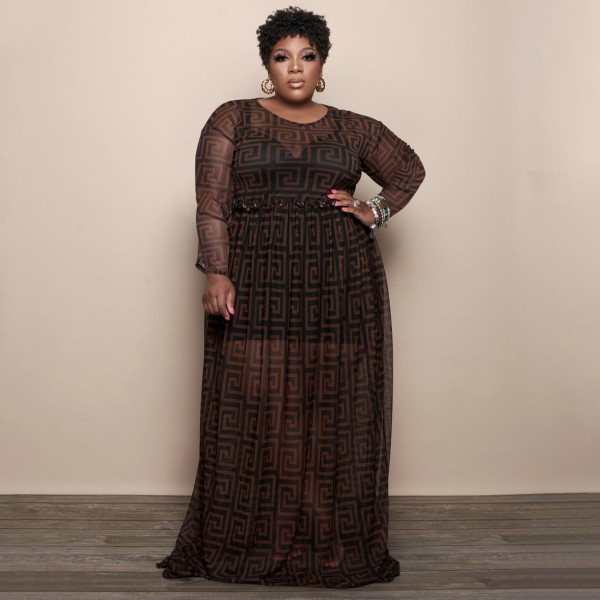 Plus Size Mesh Printed Long Sleeve Maxi Dress NNWF-7333