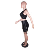 PU Leather Short Coat+Halter Bra+Mini Skirt 3 Piece Sets BS-1294