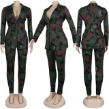 Plus Size Print Slim-fit Lapel Coat and Pants Two Piece Sets NY-8863