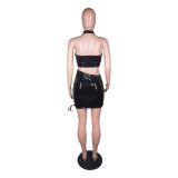 PU Leather Short Coat+Halter Bra+Mini Skirt 3 Piece Sets BS-1294