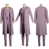 Solid Ribbed Tank Top+Long Cloak+Pants 3 Piece Sets FSXF-F314