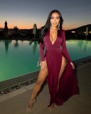 Sexy V Neck High Split Long Sleeve Maxi Dress XMY-9265