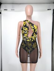 Sexy Printed Mesh Hollow Out Club Dress NK-8612