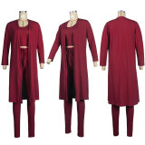 Solid Ribbed Tank Top+Long Cloak+Pants 3 Piece Sets FSXF-F314