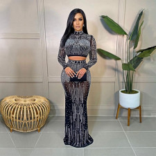 Sexy Hot Drilling Long Sleeve Maxi Skirt 2 Piece Sets SH-390227