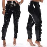 PU Leather Ruffle Skinny Pencil Pants NK-8525