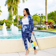 Plus Size Casual Printed Long Cloak And Pants 2 Piece Sets NY-8933