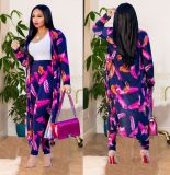 Plus Size Casual Printed Long Cloak And Pants 2 Piece Sets (Without Vest ) NY-8576