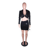 PU Leather Short Coat+Halter Bra+Mini Skirt 3 Piece Sets BS-1294