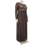 Plus Size Mesh Printed Long Sleeve Maxi Dress NNWF-7333