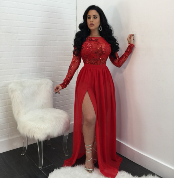 Sexy Backless Sequined Perspective Split Long Dress NY-8499