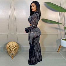Sexy Hot Drilling Long Sleeve Maxi Skirt 2 Piece Sets SH-390227
