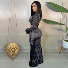 Sexy Hot Drilling Long Sleeve Maxi Skirt 2 Piece Sets SH-390227
