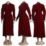 Solid Long Sleeve Buttons Sashes Maxi Dress FSXF-F318