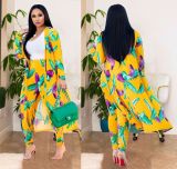 Plus Size Casual Printed Long Cloak And Pants 2 Piece Sets (Without Vest ) NY-8576