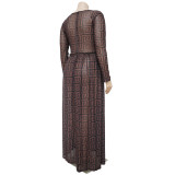 Plus Size Mesh Printed Long Sleeve Maxi Dress NNWF-7333