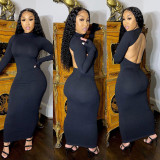 Solid Color Backless Long Sleeve Maxi Dress NY-2034