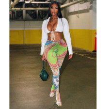 Sexy Long Sleeve Crop Top+Pantyhose Pants 2 Piece Sets BN-9307