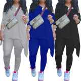 Plus Size Irregular Hem Long Sleeve And Ruched Pants Two Piece Sets NY-2015