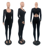 Solid Backless Drawstring Skinny Jumpsuit QSF-51053