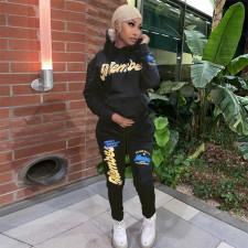 Letter Print Fleeced Hoodie And Pants 2 Piece Sets SH-390232