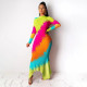 Print Irregular Hem Slim Long Sleeve Maxi Dress NY-8862