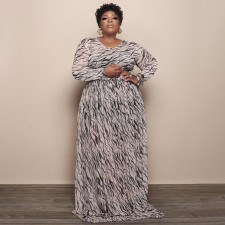 Plus Size Mesh Printed Long Sleeve Maxi Dress NNWF-7333