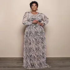 Plus Size Mesh Printed Long Sleeve Maxi Dress NNWF-7333