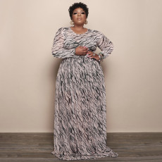 Plus Size Mesh Printed Long Sleeve Maxi Dress NNWF-7333