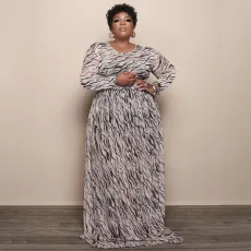 Plus Size Mesh Printed Long Sleeve Maxi Dress NNWF-7333