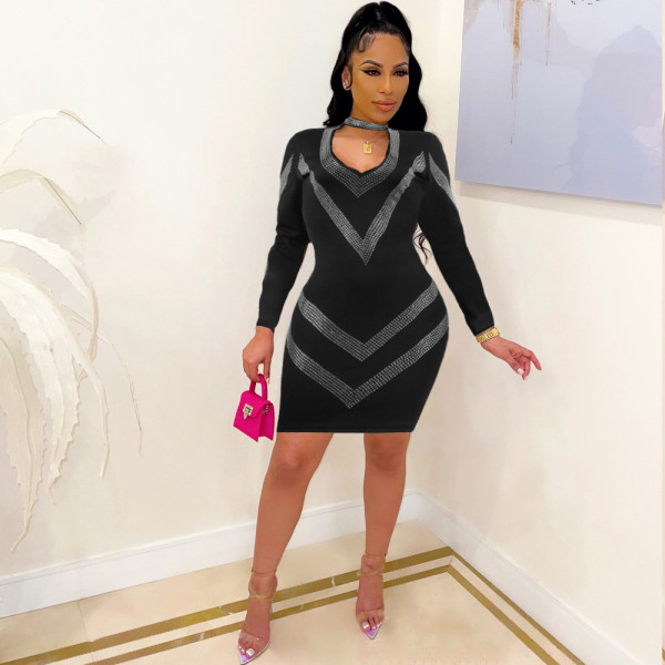 Sexy Hot Drilling V Neck Long Sleeve Bodycon Dress FSXF-FS82