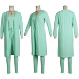 Solid Ribbed Tank Top+Long Cloak+Pants 3 Piece Sets FSXF-F314