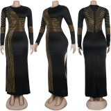 Plus Size Sexy Hot Rhinestone Round Neck Split Long Sleeve Nightclub Dress NY-8882