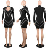 Sexy Hot Drilling V Neck Long Sleeve Bodycon Dress FSXF-FS82