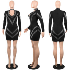 Sexy Hot Drilling V Neck Long Sleeve Bodycon Dress FSXF-FS82