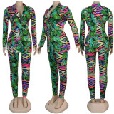 Plus Size Print Slim-fit Lapel Coat and Pants Two Piece Sets NY-8863