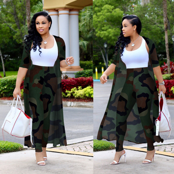 Plus Size Casual Printed Long Cloak And Pants 2 Piece Sets (Without Vest ) NY-8576