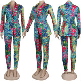 Plus Size Print Slim-fit Lapel Coat and Pants Two Piece Sets NY-8863