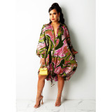 Casual Print Long Sleeve Midi Dress NY-2201