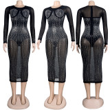 Hot Rhinestone Long Sleeve Slim Nightclub Dress NY-2198