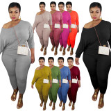 Plus Size Casual Solid Color Long Sleeve Pants Two Piece Sets NY-8918