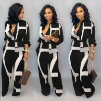 Plus Size Casual Printed Long Sleeve Sashes Jumpsuit LSD-8615-1