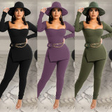 Solid Long Sleeve Split Top And Pants 2 Piece Sets GLF-10071