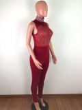 Sleeveless Feather Rhinestone Mesh Perspective Sexy Skinny Jumpsuit OSM-4095