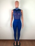 Sleeveless Feather Rhinestone Mesh Perspective Sexy Skinny Jumpsuit OSM-4095