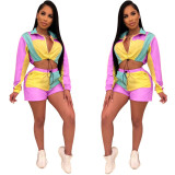 Color Block Long Sleeve Shorts Sports Casual  Two Piece Sets OSM-5240