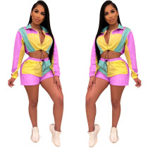 Color Block Long Sleeve Shorts Sports Casual  Two Piece Sets OSM-5240