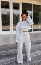 Solid Loose O Neck Long Sleeve Crop Top And Pants Sets (Without Vest) OLYF-96079